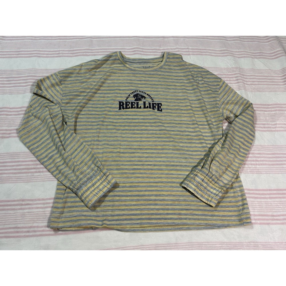 Reel Life Shirt Women XL Long Sleeve Yellow Blue Stripe Tee Lightweight EUC